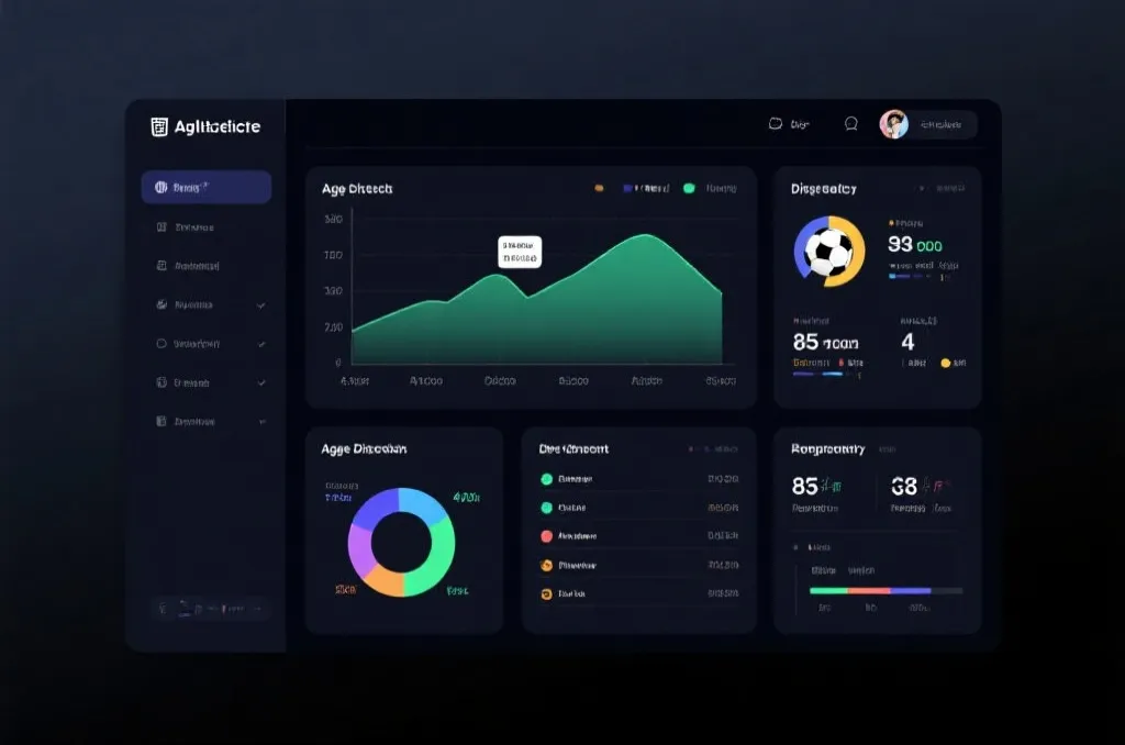 Sports analytics dashboard showing soccer team age distribution and historical winning probability data