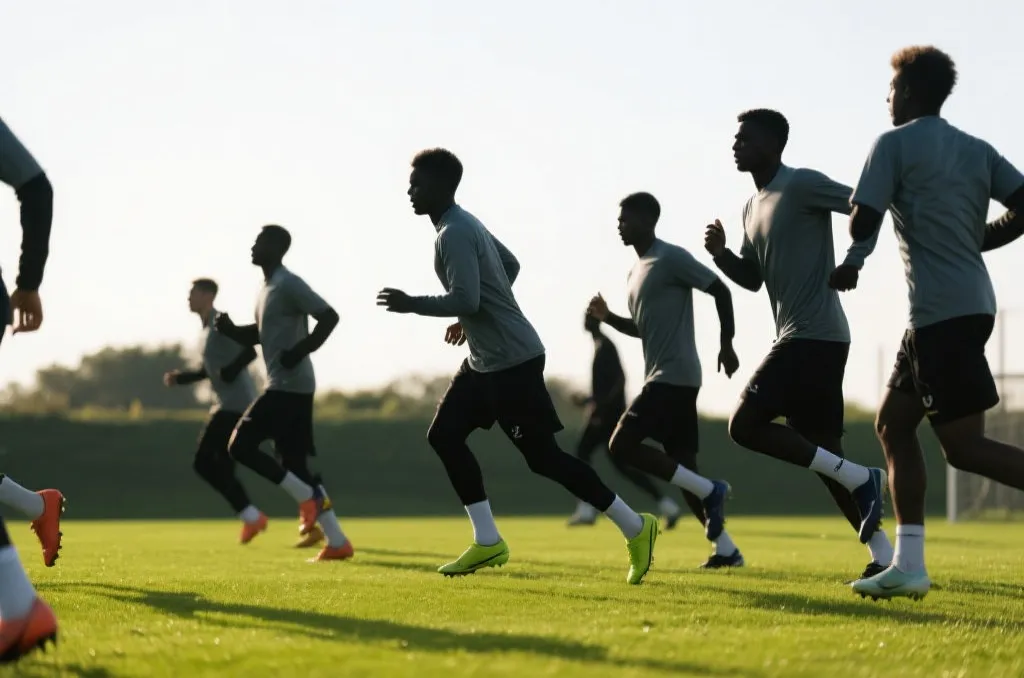 Anonymous young soccer players in generic training bibs running drills on a green practice pitch