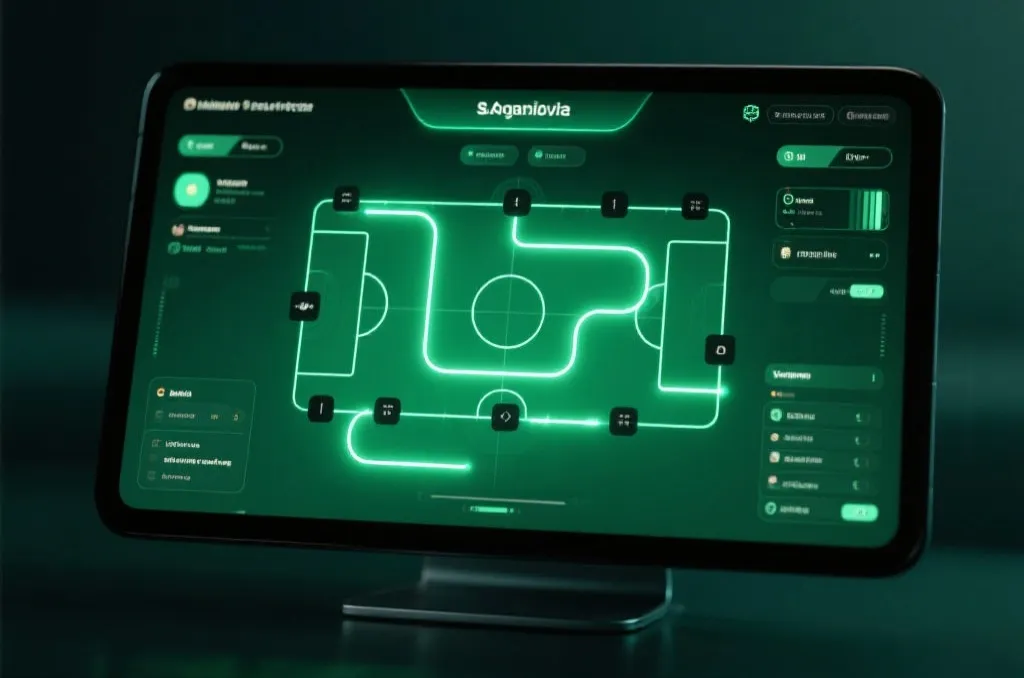 Modern digital sports analytics screen showing tactical formation layout and glowing paths on a dark green background