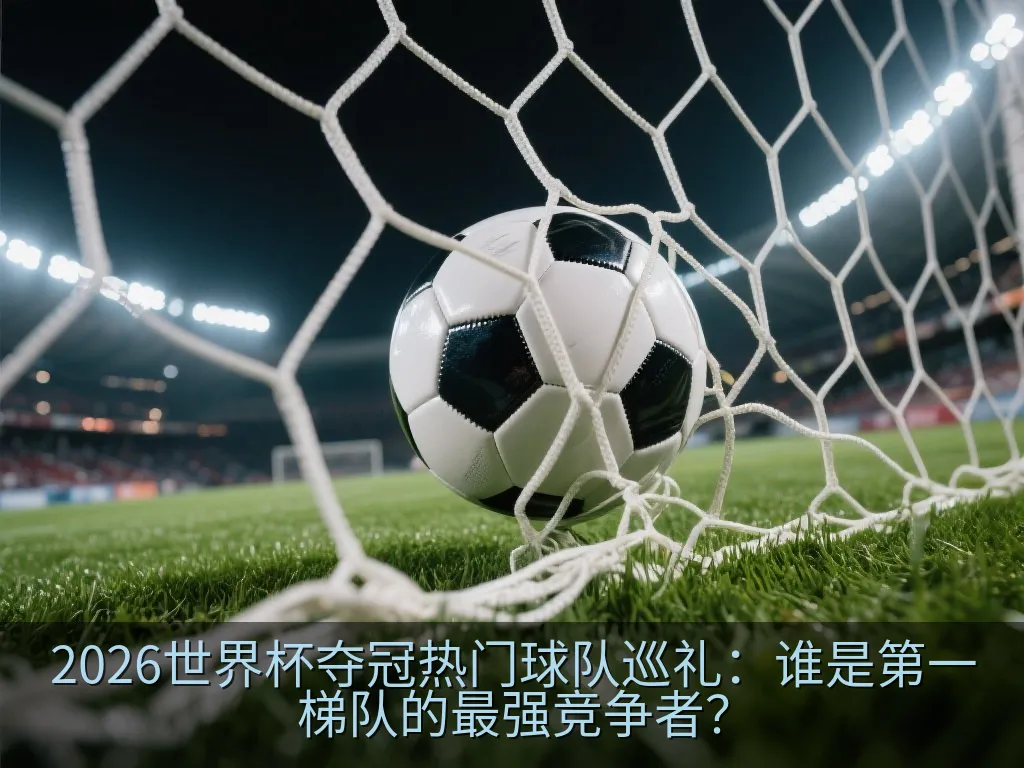 2026世界杯比赛球场远景，看台座无虚席，灯光璀璨，展现宏大的竞技氛围